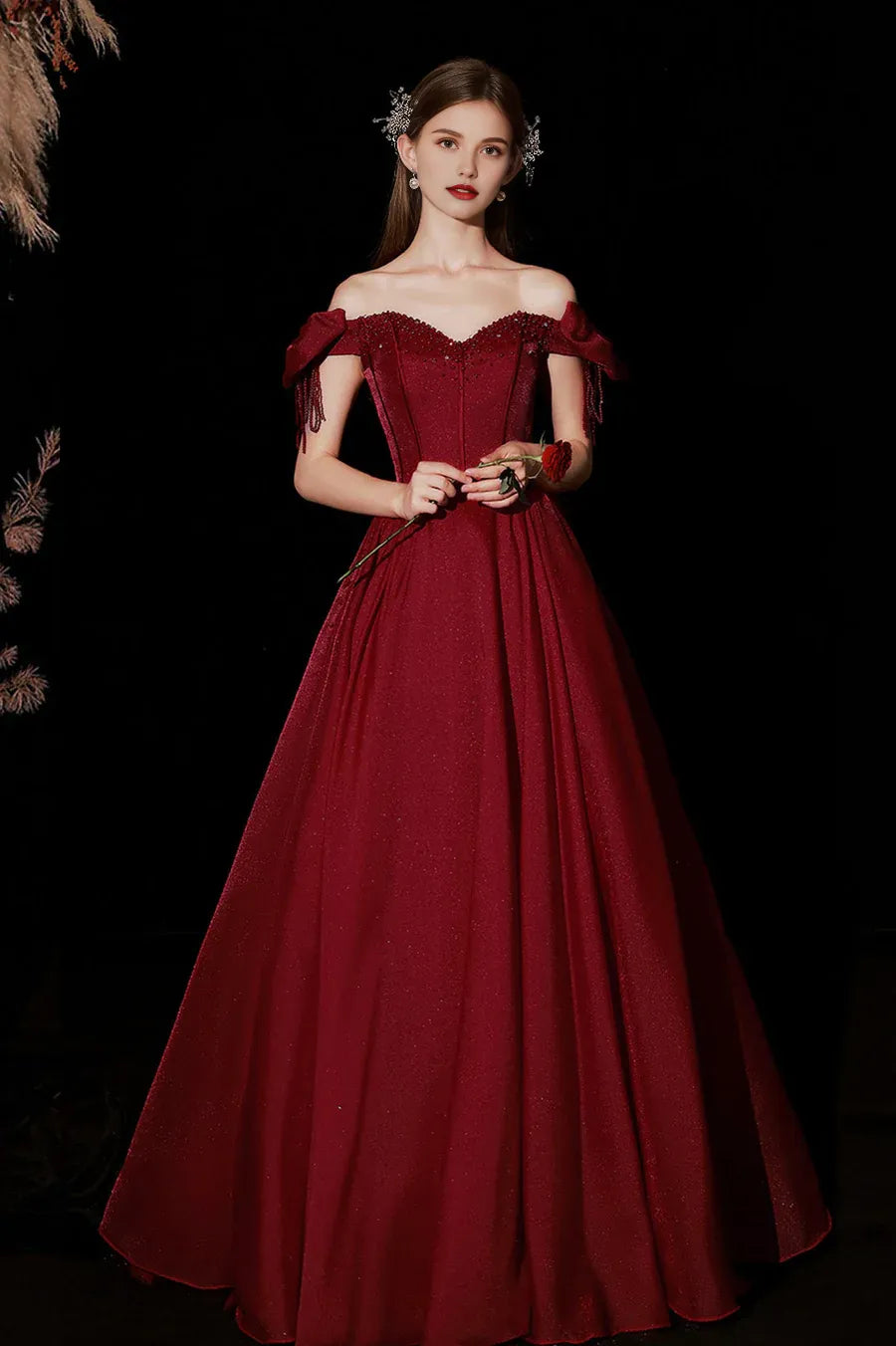 A-Line Sweetheart Off the Shoulder Beaded Satin Burgundy Long Prom Dresses