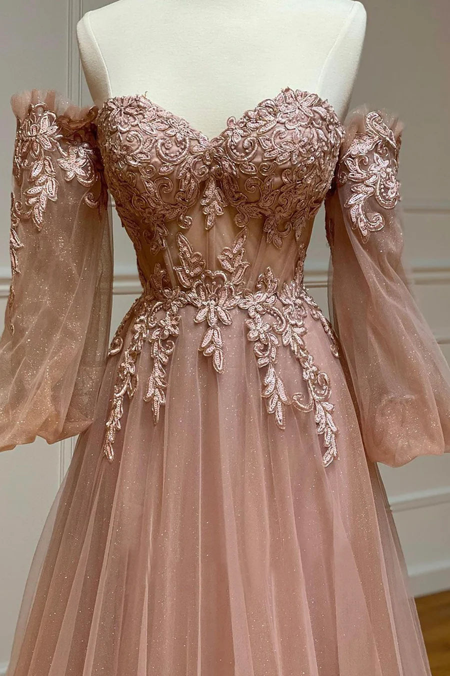 A-Line Sweetheart Off the Shoulder Long Sleeves Lace Tulle Long Prom Dresses