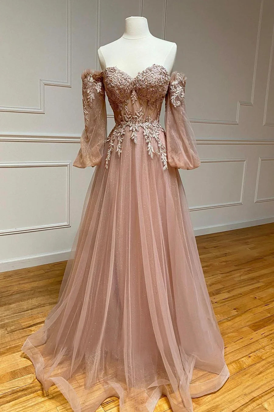 A-Line Sweetheart Off the Shoulder Long Sleeves Lace Tulle Long Prom Dresses