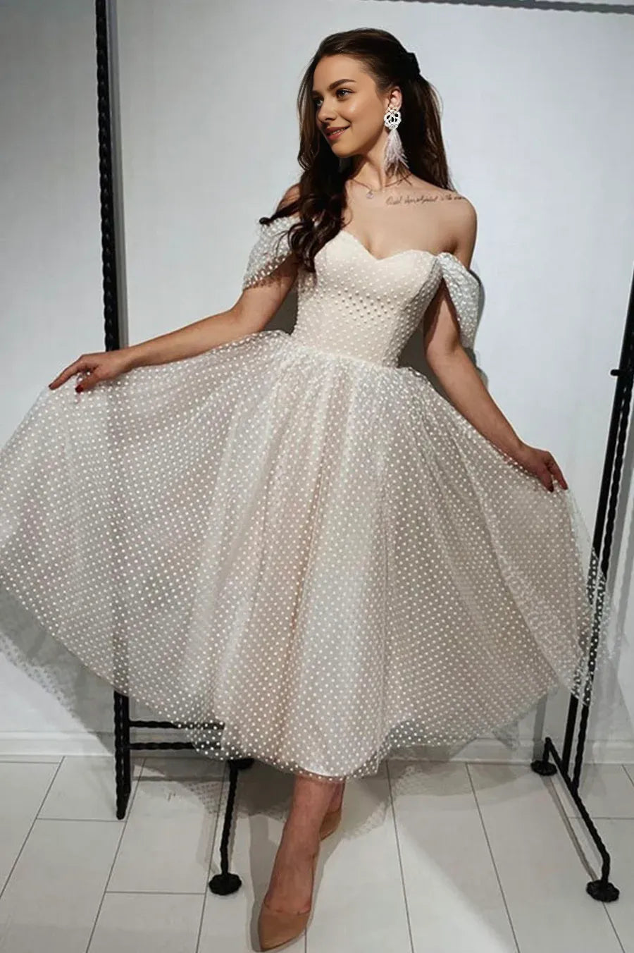 A-Line Sweetheart Off the Shoulder Polka Dots Tulle Champagne Tea-Length Prom Dress