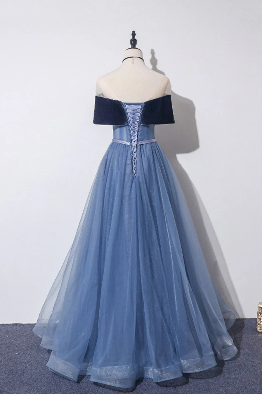 A-Line Sweetheart Off the Shoulder Velvet Tulle Blue Long Prom Dresses With Applique