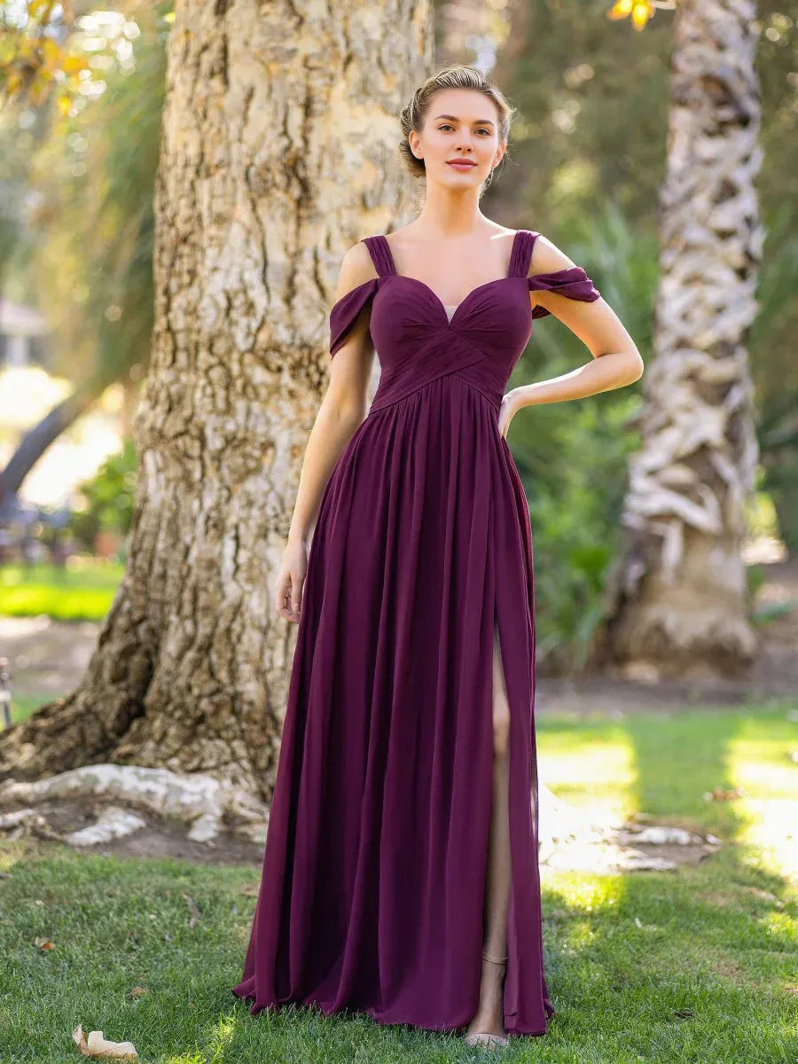 A-Line Sweetheart Pleated Chiffon Mulberry Long Bridesmaid Dress For Women