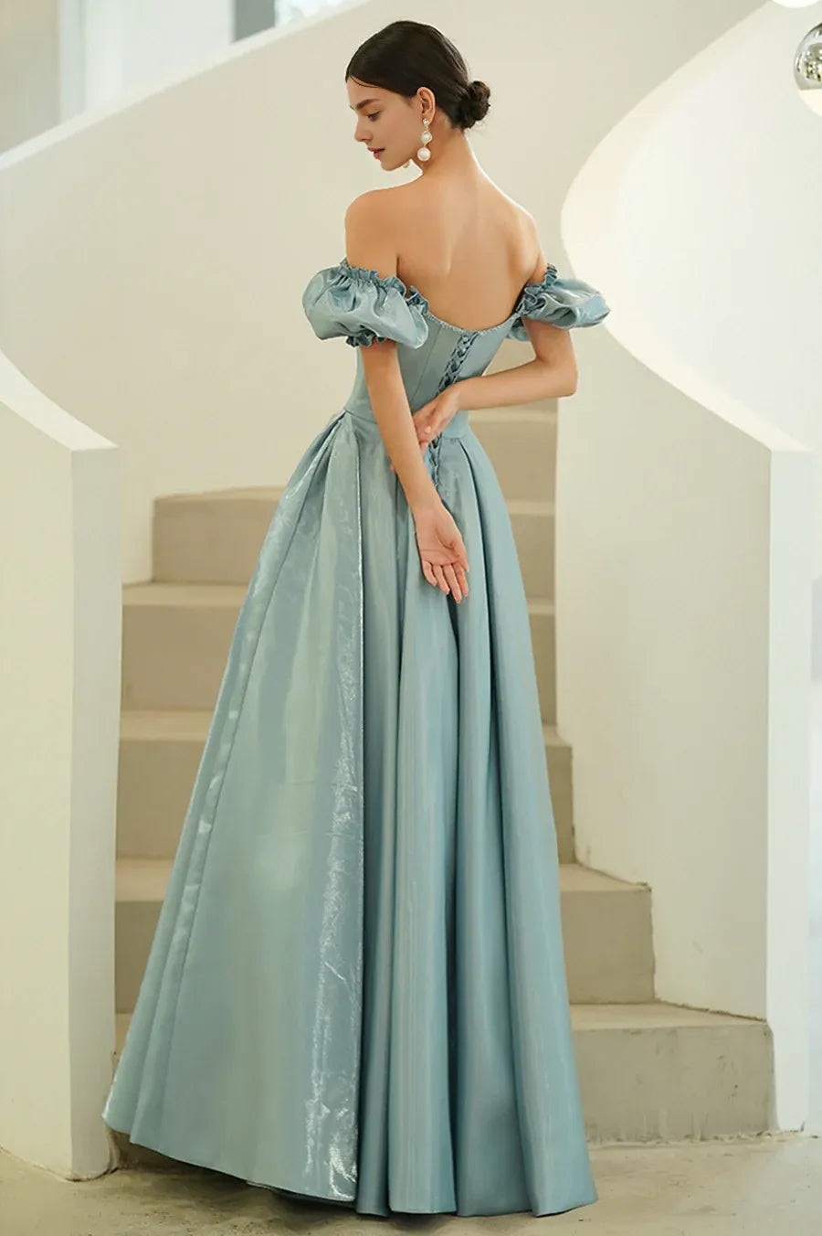 A-Line Sweetheart Puff Sleeves Beaded Satin Blue Long Prom Dresses With Pocket