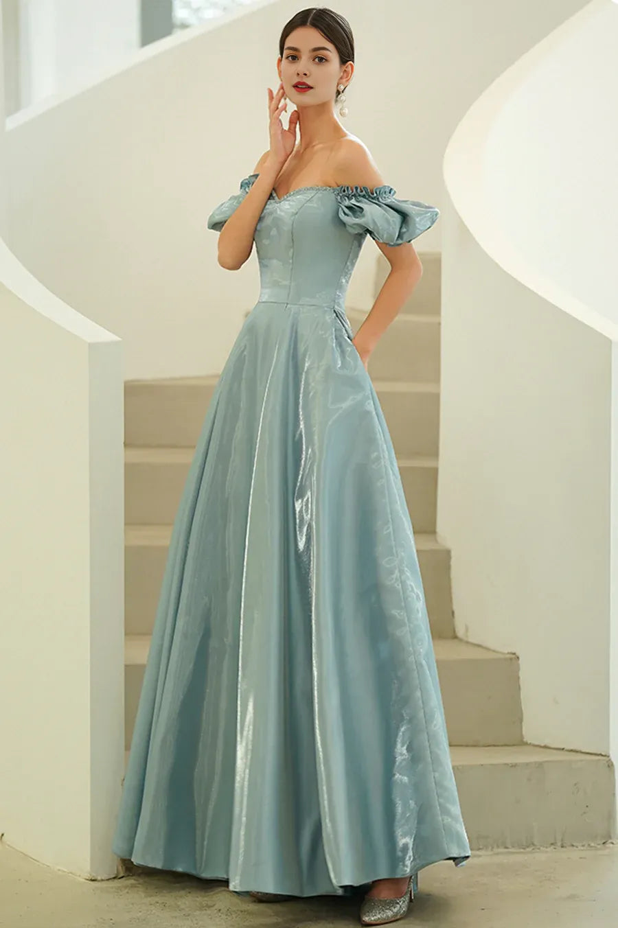 A-Line Sweetheart Puff Sleeves Beaded Satin Blue Long Prom Dresses With Pocket