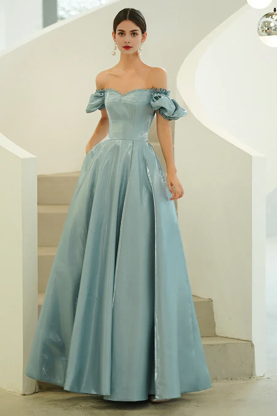 A-Line Sweetheart Puff Sleeves Beaded Satin Blue Long Prom Dresses With Pocket