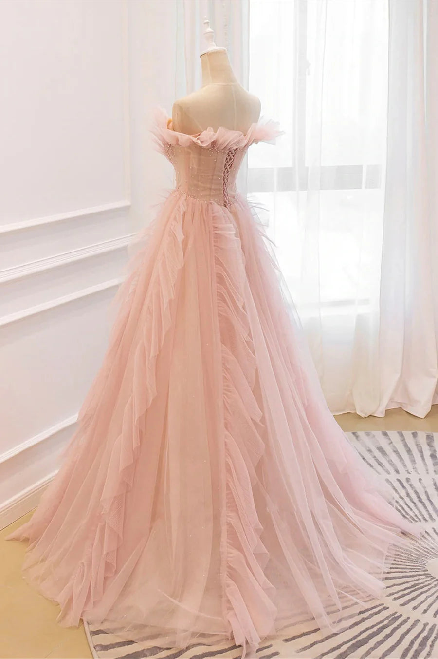 A-Line Sweetheart Ruffle Beaded Tulle Pink Long Prom Dresses Graduation Dresses