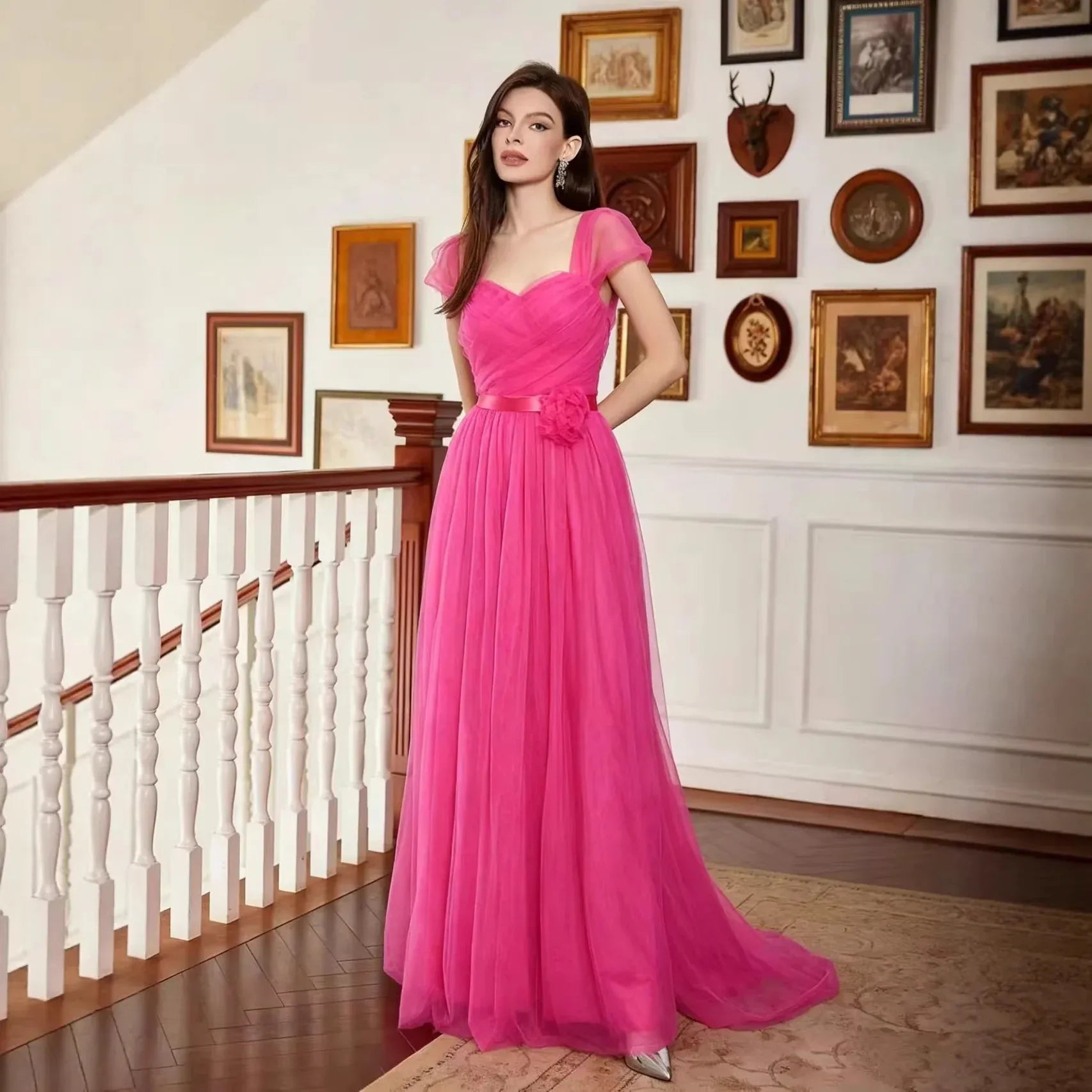 A-Line Sweetheart Short Sleeve 3D Flower Tulle Hot Pink Floor-Length Prom Dress