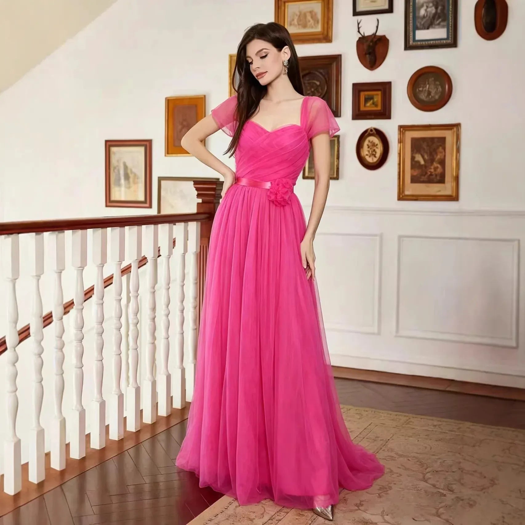 A-Line Sweetheart Short Sleeve 3D Flower Tulle Hot Pink Floor-Length Prom Dress