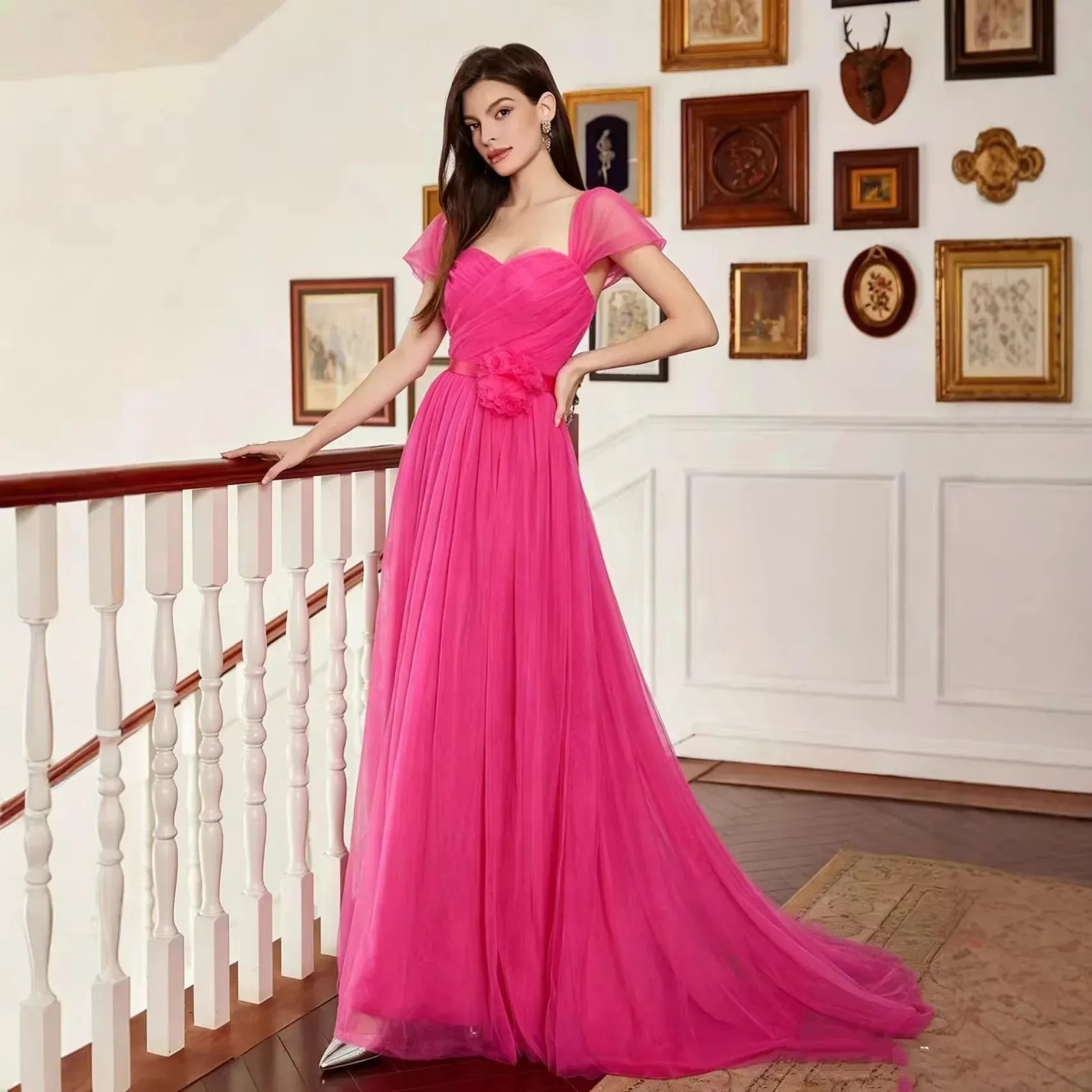 A-Line Sweetheart Short Sleeve 3D Flower Tulle Hot Pink Floor-Length Prom Dress