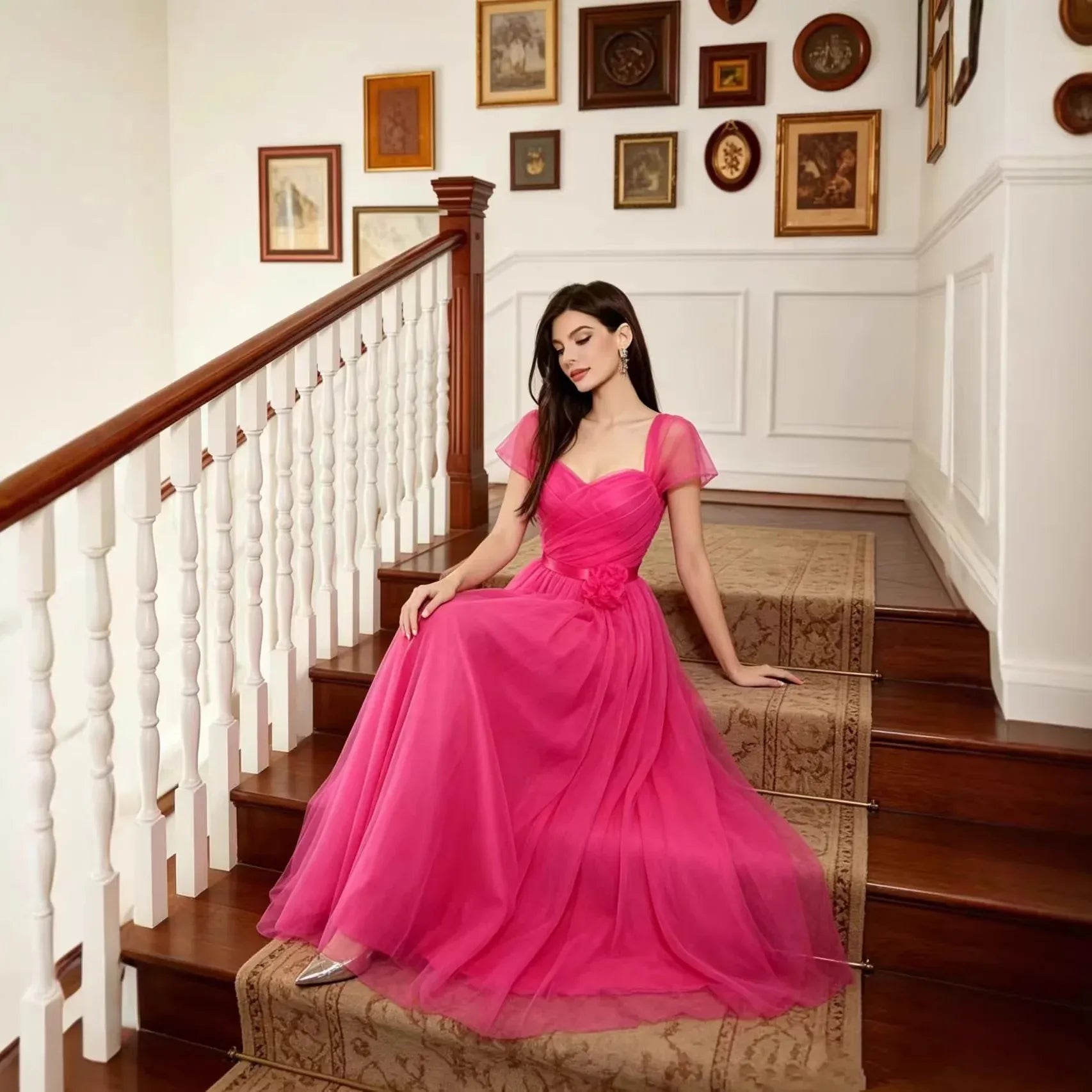 A-Line Sweetheart Short Sleeve 3D Flower Tulle Hot Pink Floor-Length Prom Dress