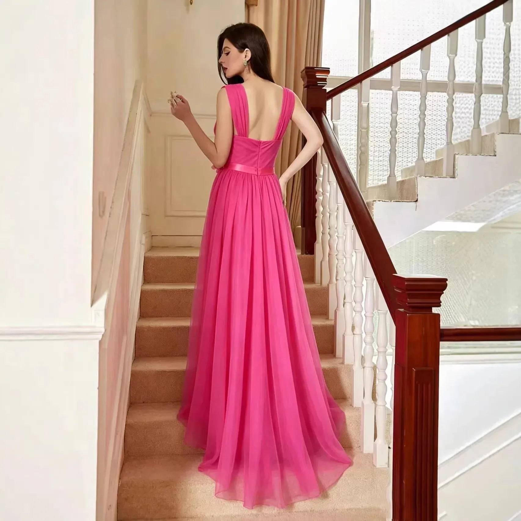 A-Line Sweetheart Short Sleeve 3D Flower Tulle Hot Pink Floor-Length Prom Dress