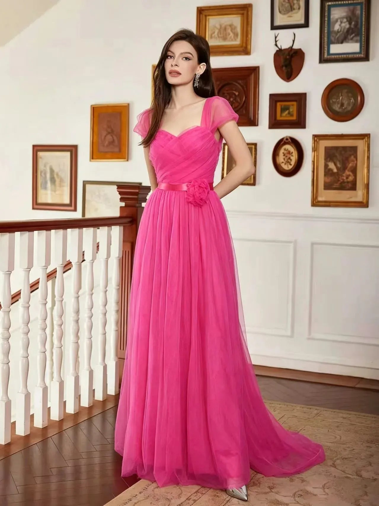 A-Line Sweetheart Short Sleeve 3D Flower Tulle Hot Pink Floor-Length Prom Dress
