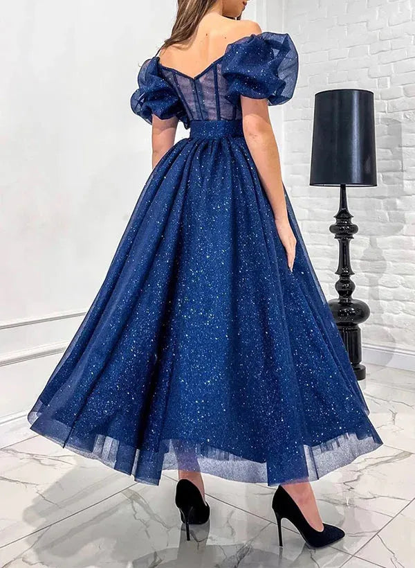 A-Line Sweetheart Short Sleeves Corset Glitter Tulle Navy Ankle-Length Prom Dress