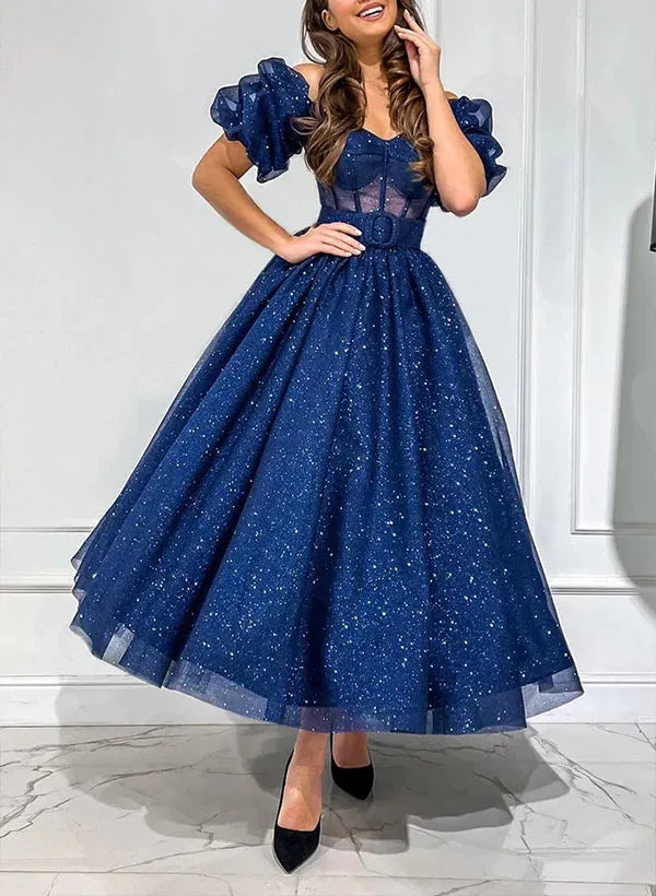 A-Line Sweetheart Short Sleeves Corset Glitter Tulle Navy Ankle-Length Prom Dress