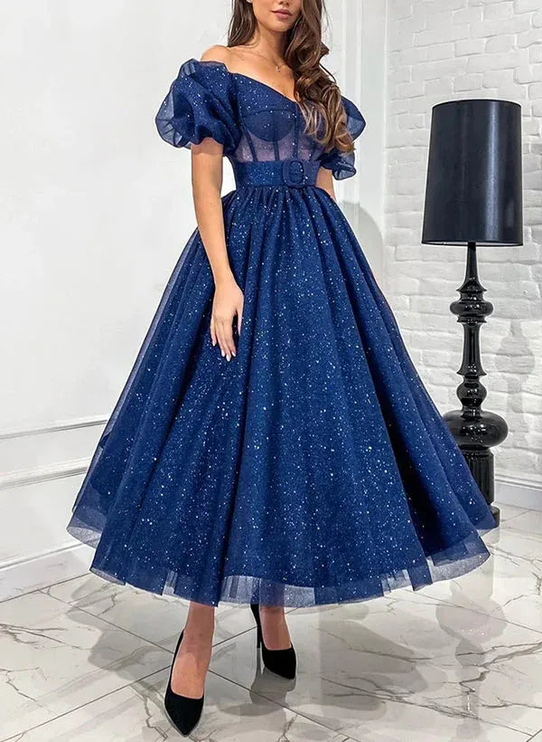 A-Line Sweetheart Short Sleeves Corset Glitter Tulle Navy Ankle-Length Prom Dress
