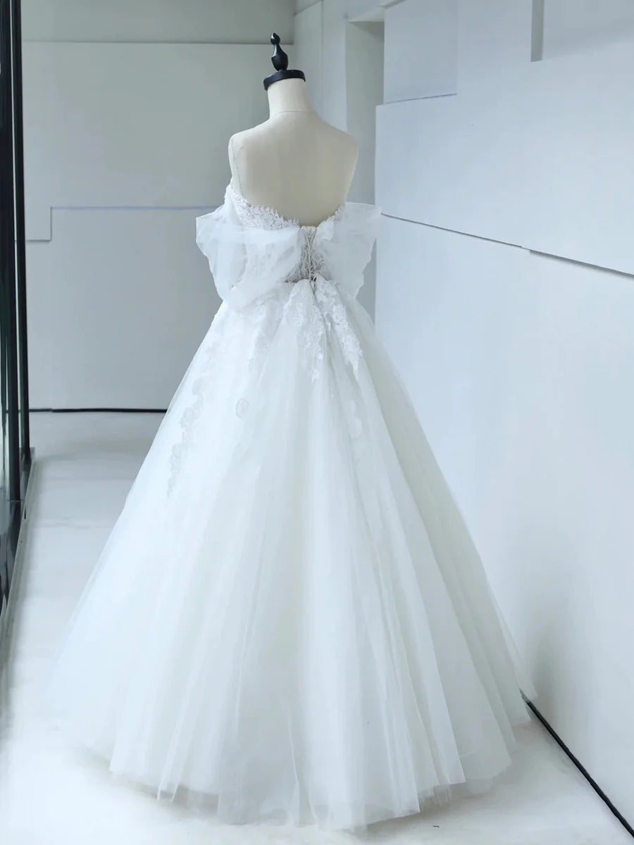 A-Line Sweetheart Short Sleeves Off the Shoulder Corset Tulle Lace White Long Prom Dress