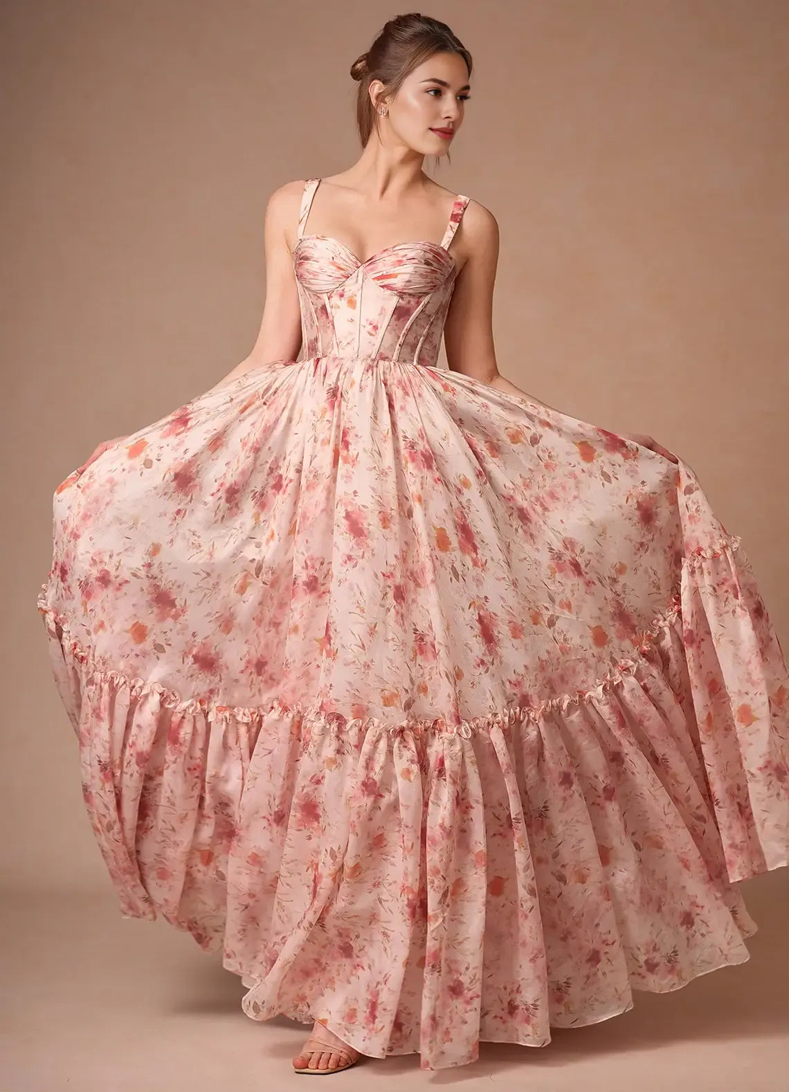 A-Line Sweetheart Sleeveless Corset Floral Apricot Full Length Prom Dress