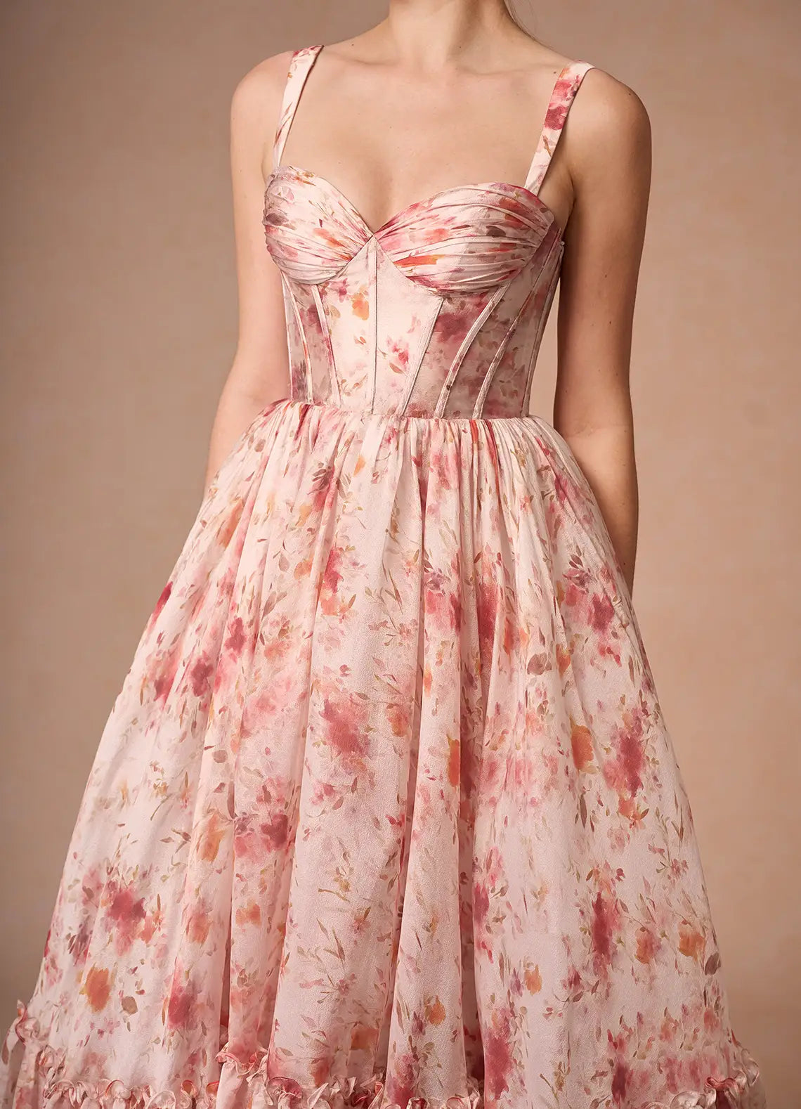 A-Line Sweetheart Sleeveless Corset Floral Apricot Full Length Prom Dress