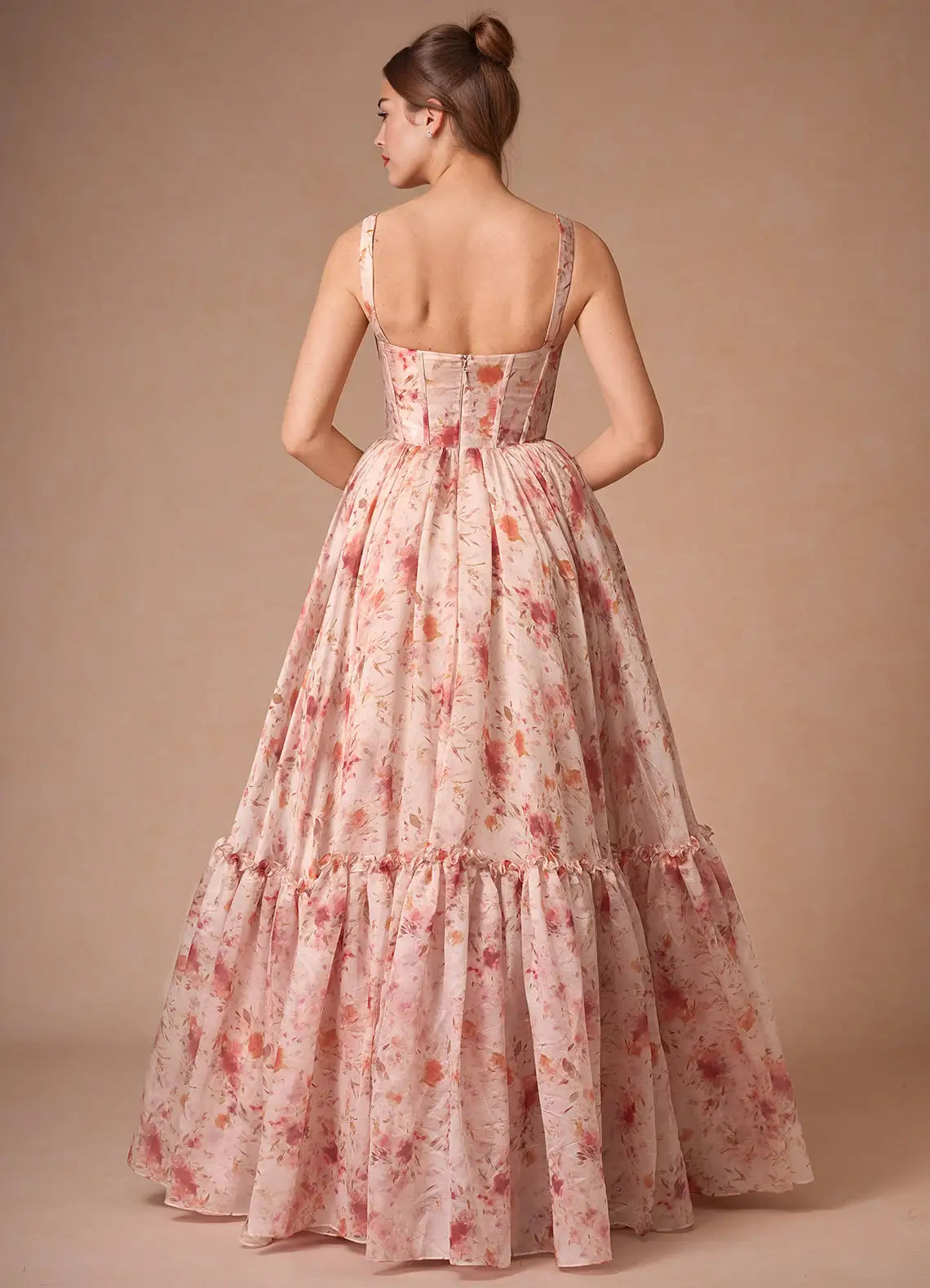 A-Line Sweetheart Sleeveless Corset Floral Apricot Full Length Prom Dress