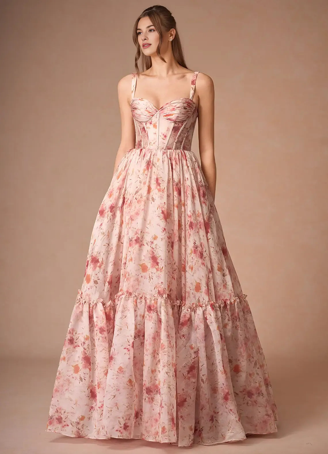A-Line Sweetheart Sleeveless Corset Floral Apricot Full Length Prom Dress