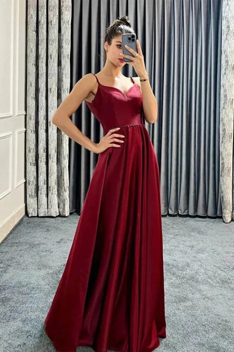 Simple A-Line Sweetheart Spaghetti Strap Beaded Burgundy Floor Length Prom Dress For Women