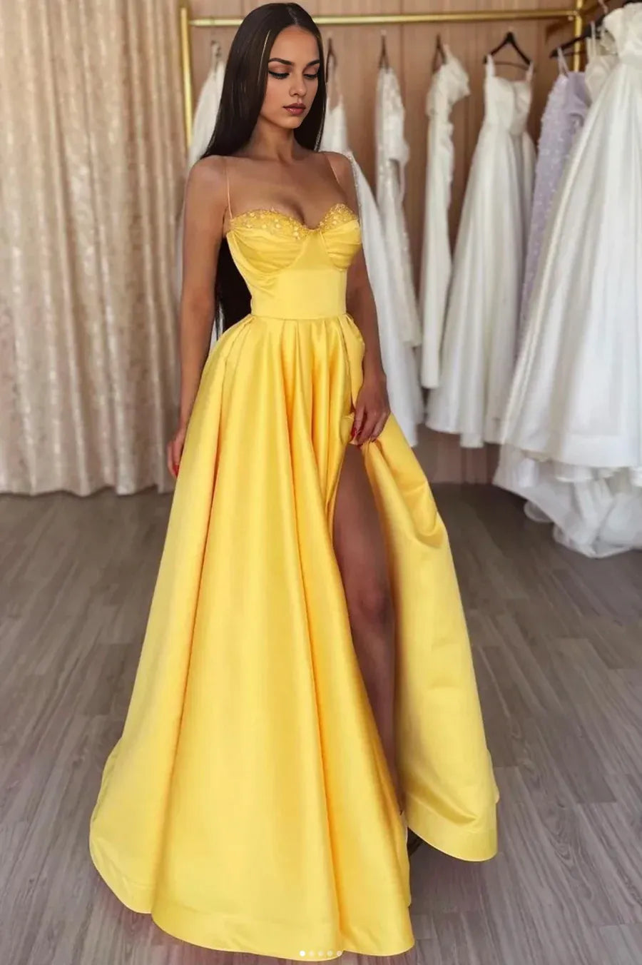 A-Line Sweetheart Spaghetti Straps Satin Yellow Long Prom Dress With High Split