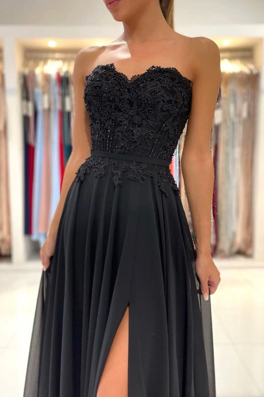 A-Line Sweetheart Strapless Applique Lace Chiffon Black Long Prom Dresses