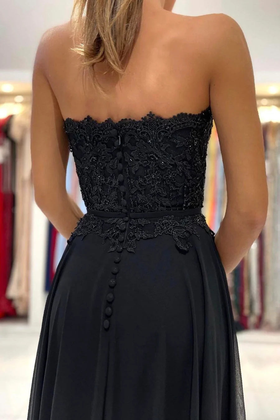 A-Line Sweetheart Strapless Applique Lace Chiffon Black Long Prom Dresses