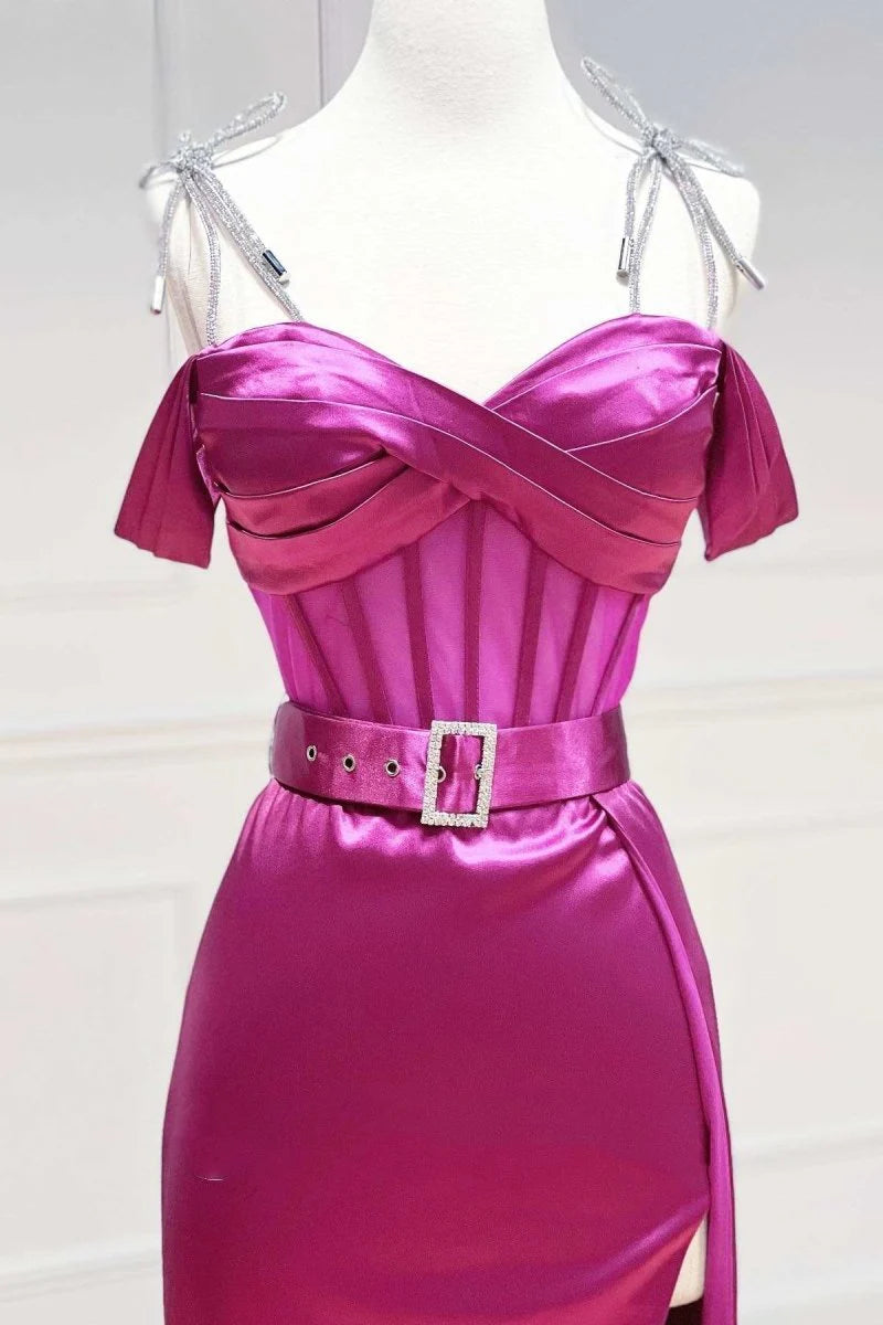 A-Line Sweetheart Tie Shoulder Corset Belt Satin Magenta Evening Dress