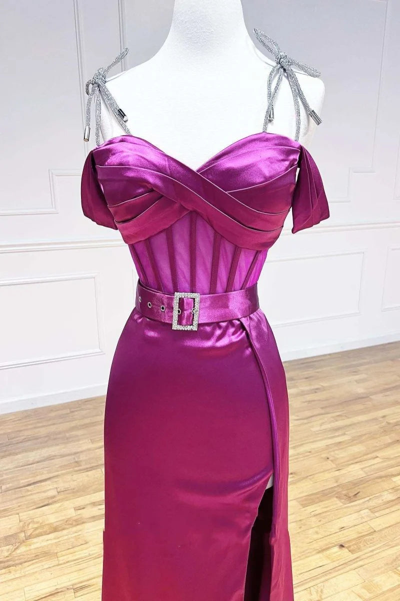 A-Line Sweetheart Tie Shoulder Corset Belt Satin Magenta Evening Dress