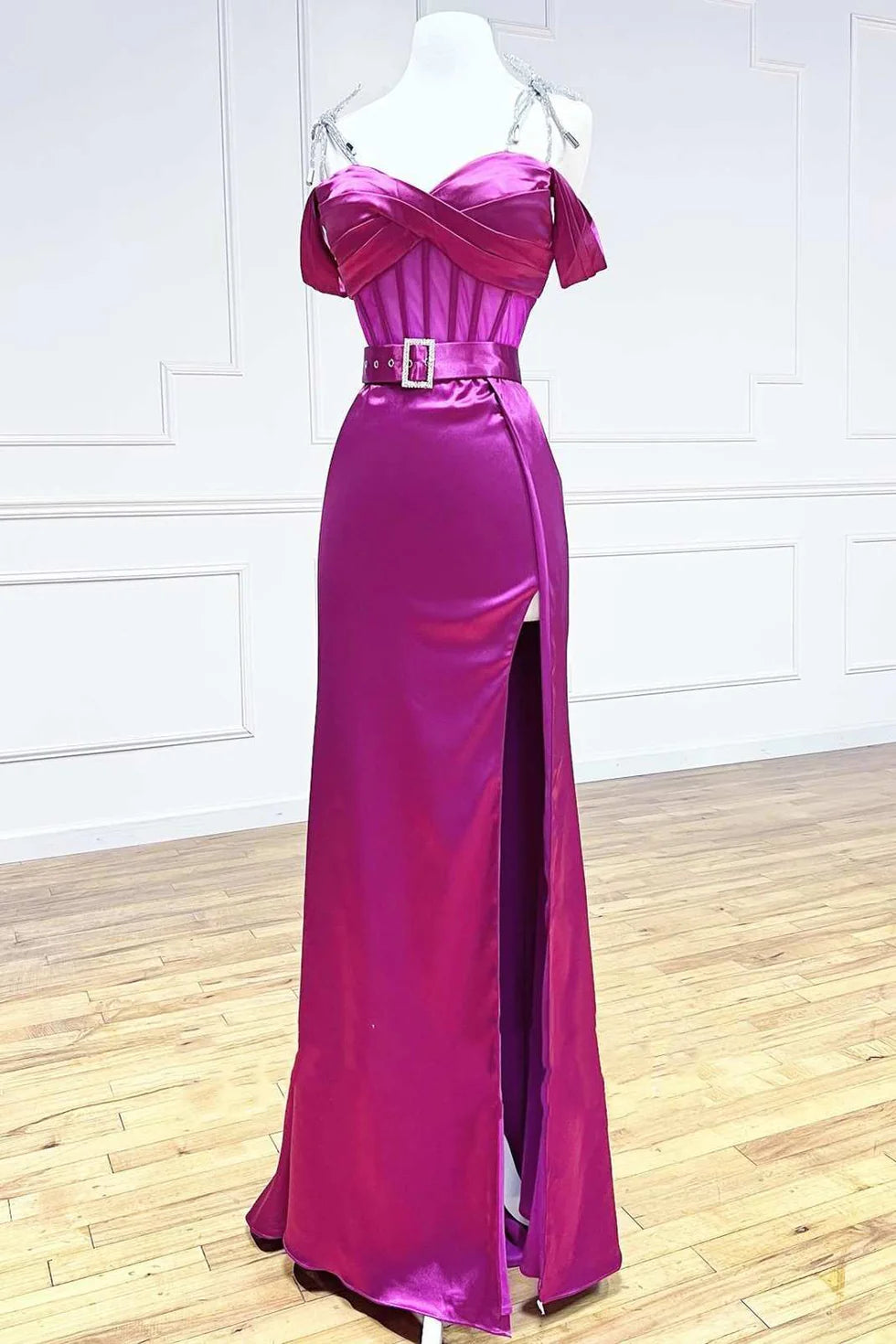 A-Line Sweetheart Tie Shoulder Corset Belt Satin Magenta Evening Dress