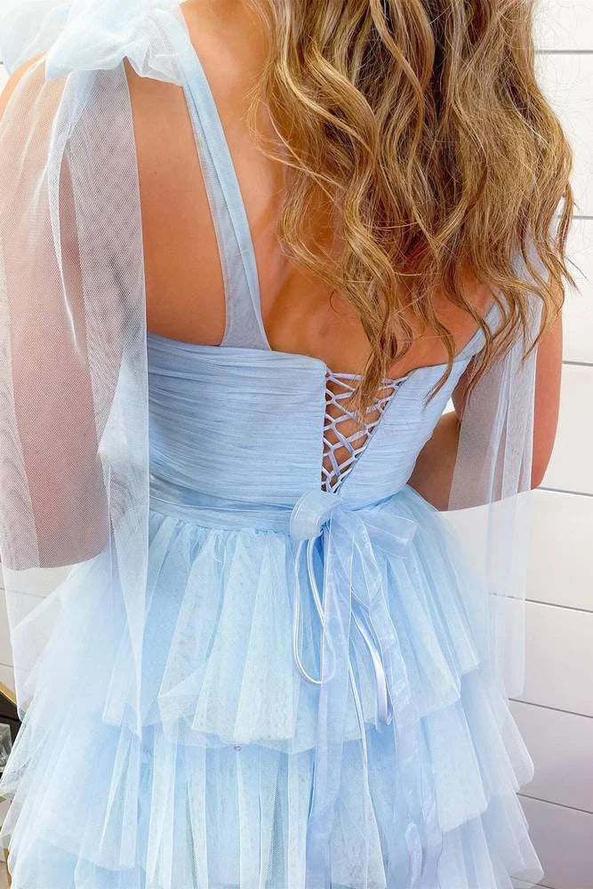 A-Line Tie Straps Pleated Ruffle Tiered Light Blue Prom Dress With Bow