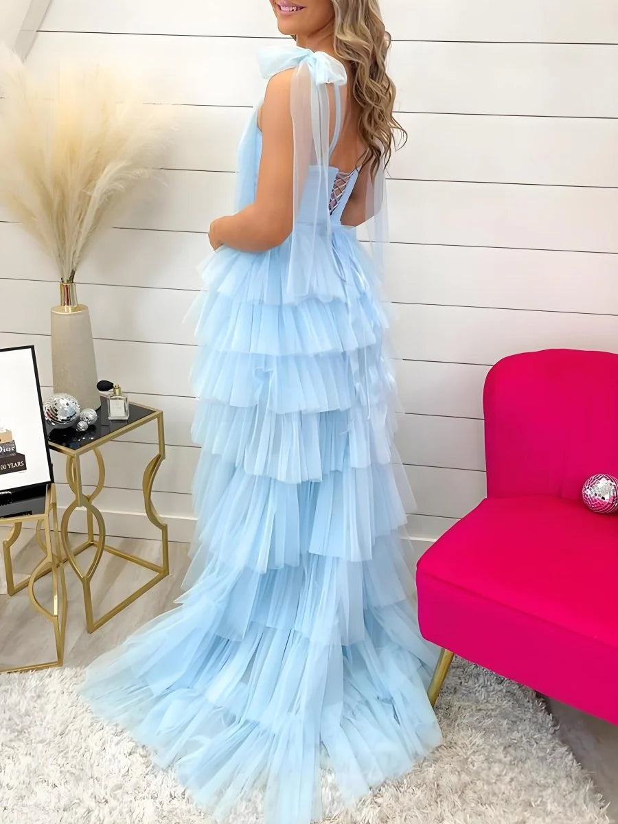 A-Line Tie Straps Pleated Ruffle Tiered Light Blue Prom Dress With Bow