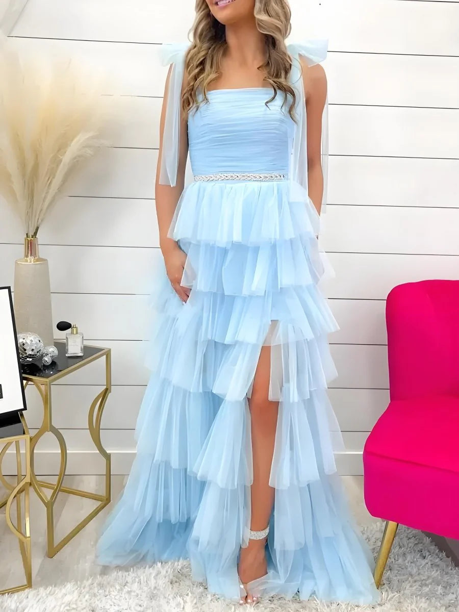 A-Line Tie Straps Pleated Ruffle Tiered Light Blue Prom Dress With Bow