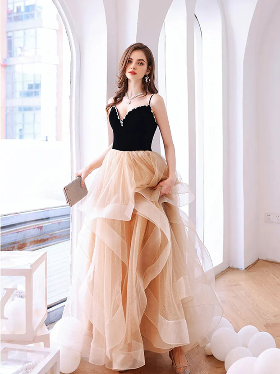 A-Line Tiered Ruffles Beaded Velvet Black and Tulle Champagne Long Prom Dress