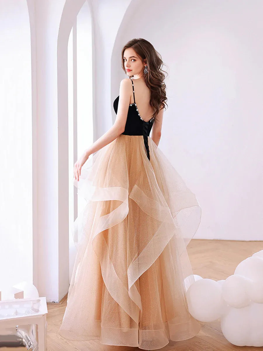 A-Line Tiered Ruffles Beaded Velvet Black and Tulle Champagne Long Prom Dress
