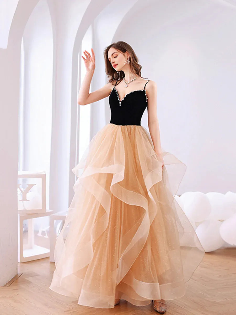 A-Line Tiered Ruffles Beaded Velvet Black and Tulle Champagne Long Prom Dress