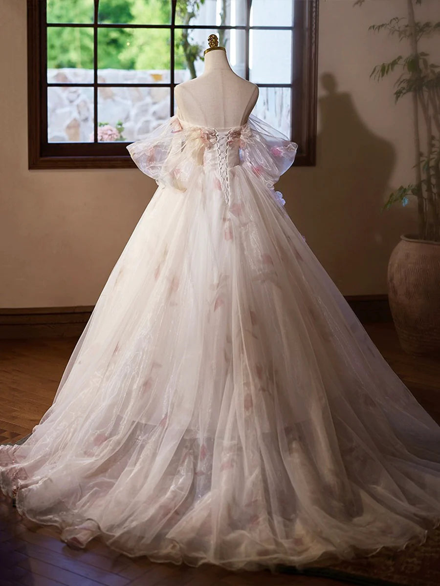 A-Line Tulle Sequins Floral Floor BodyCon Length Prom Dress Off the Shoulder Formal Party Dress