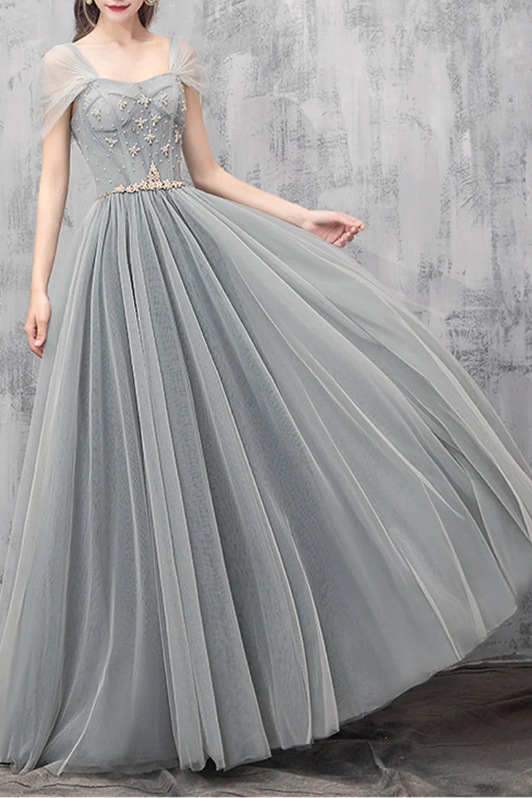 A-Line Tulle With Beaded Floor Length Long Prom Dresses Off the Shoulder Evening Dresses