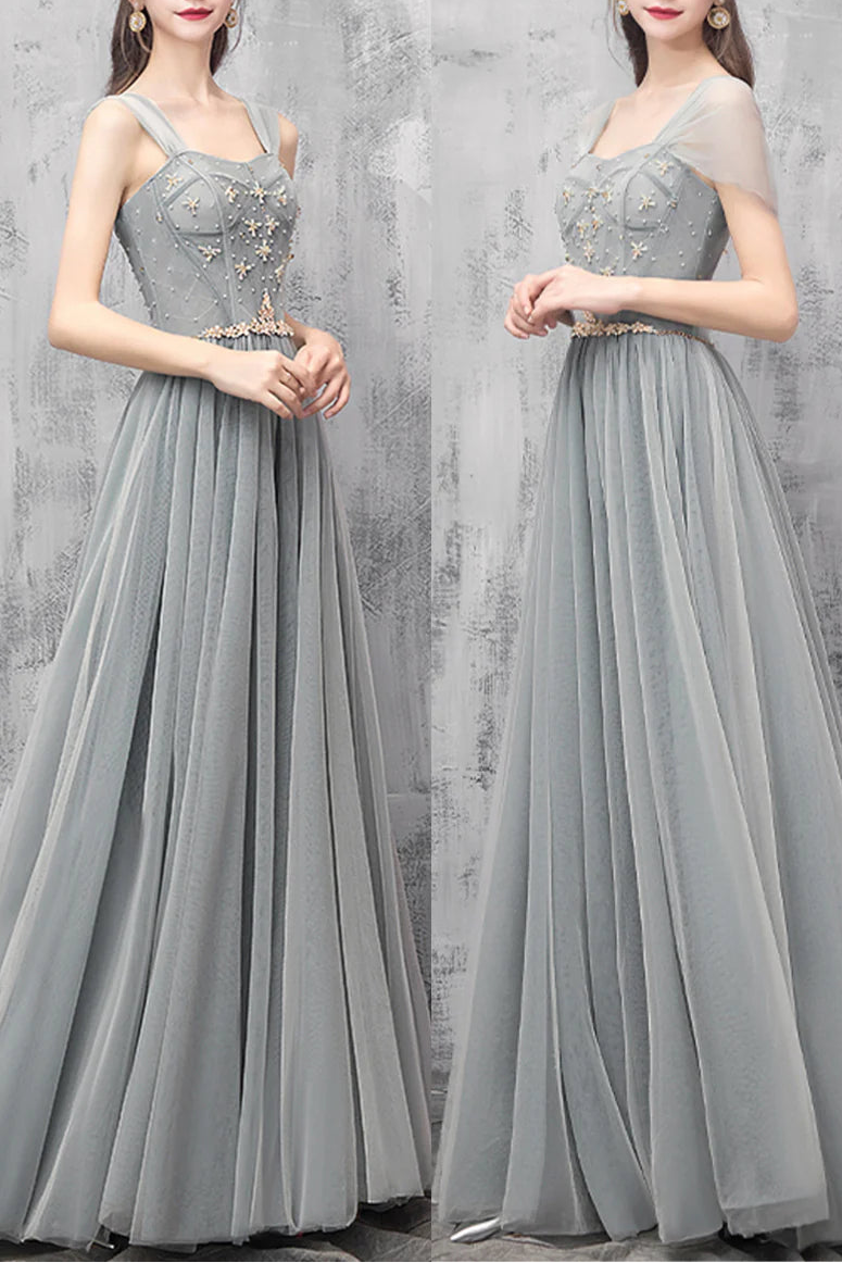 A-Line Tulle With Beaded Floor Length Long Prom Dresses Off the Shoulder Evening Dresses