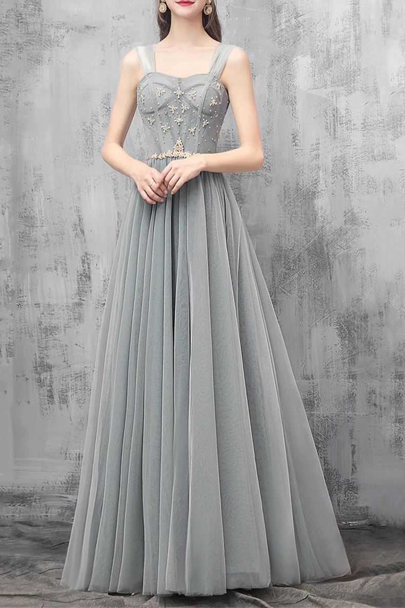 A-Line Tulle With Beaded Floor Length Long Prom Dresses Off the Shoulder Evening Dresses