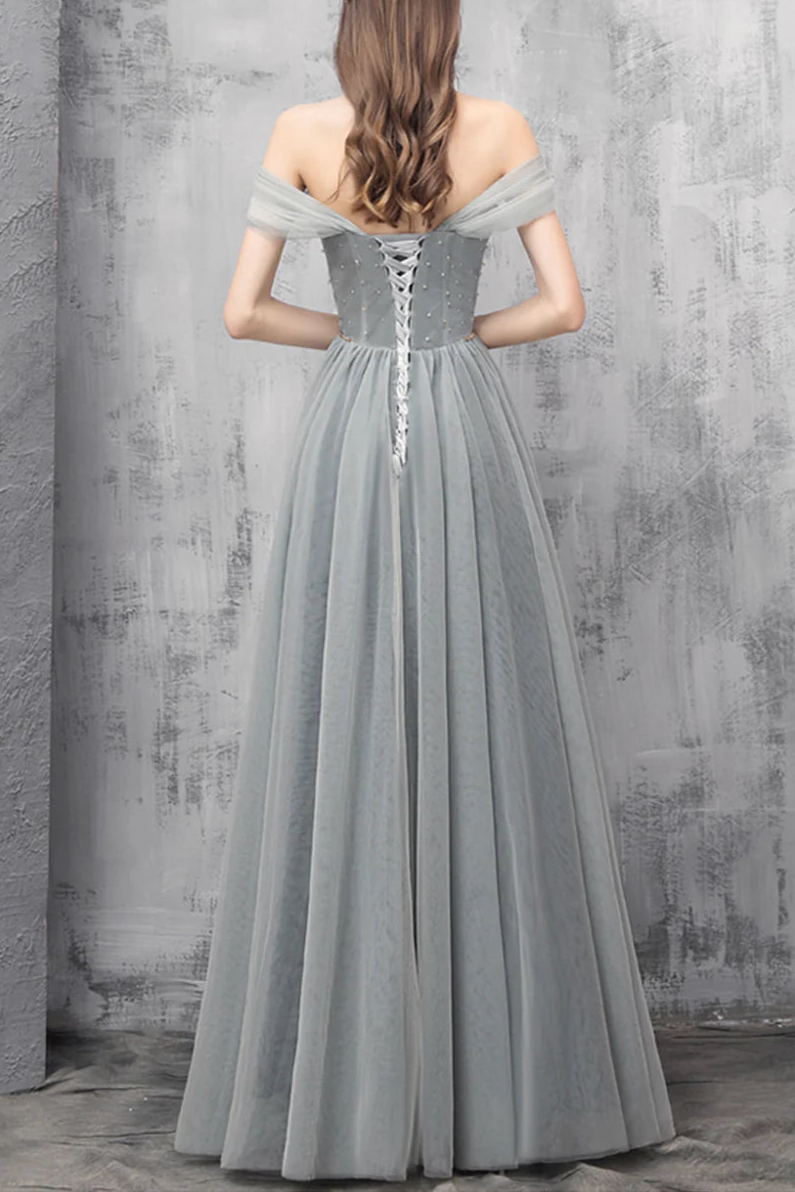 A-Line Tulle With Beaded Floor Length Long Prom Dresses Off the Shoulder Evening Dresses