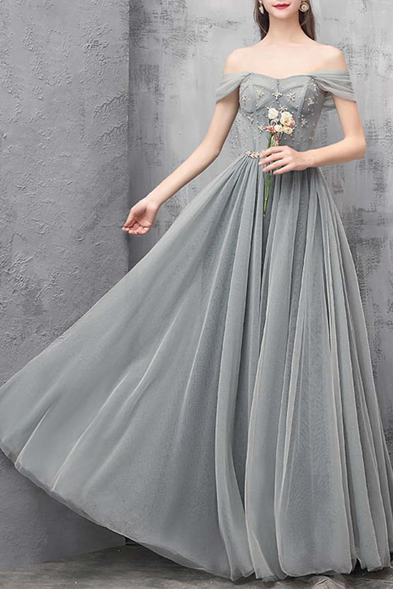 A-Line Tulle With Beaded Floor Length Long Prom Dresses Off the Shoulder Evening Dresses