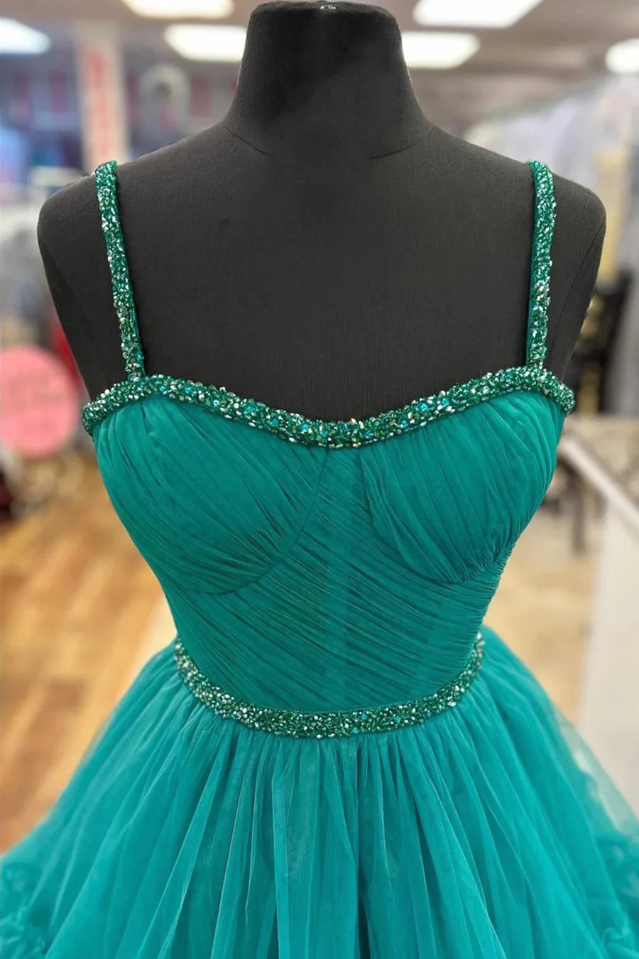 A-Line Turquoise Tulle Tiered Ruffle Sweetheart Beaded Long Prom Dress Turquoise Evening Party Dress
