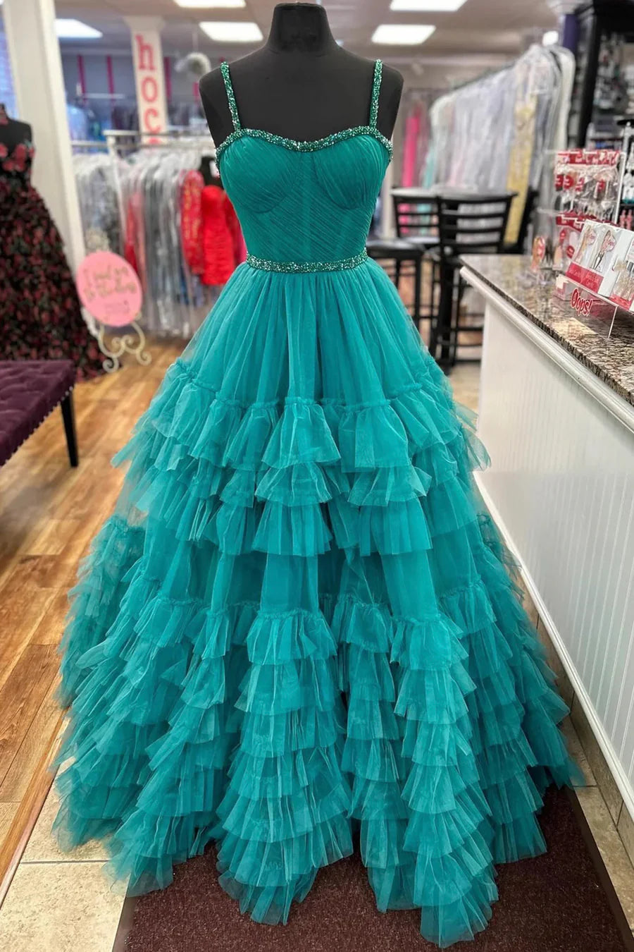 A-Line Turquoise Tulle Tiered Ruffle Sweetheart Beaded Long Prom Dress Turquoise Evening Party Dress