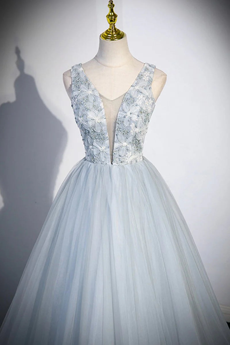 A-Line V-Neck Applique Tulle Gray Long Prom Dress Evening Dress