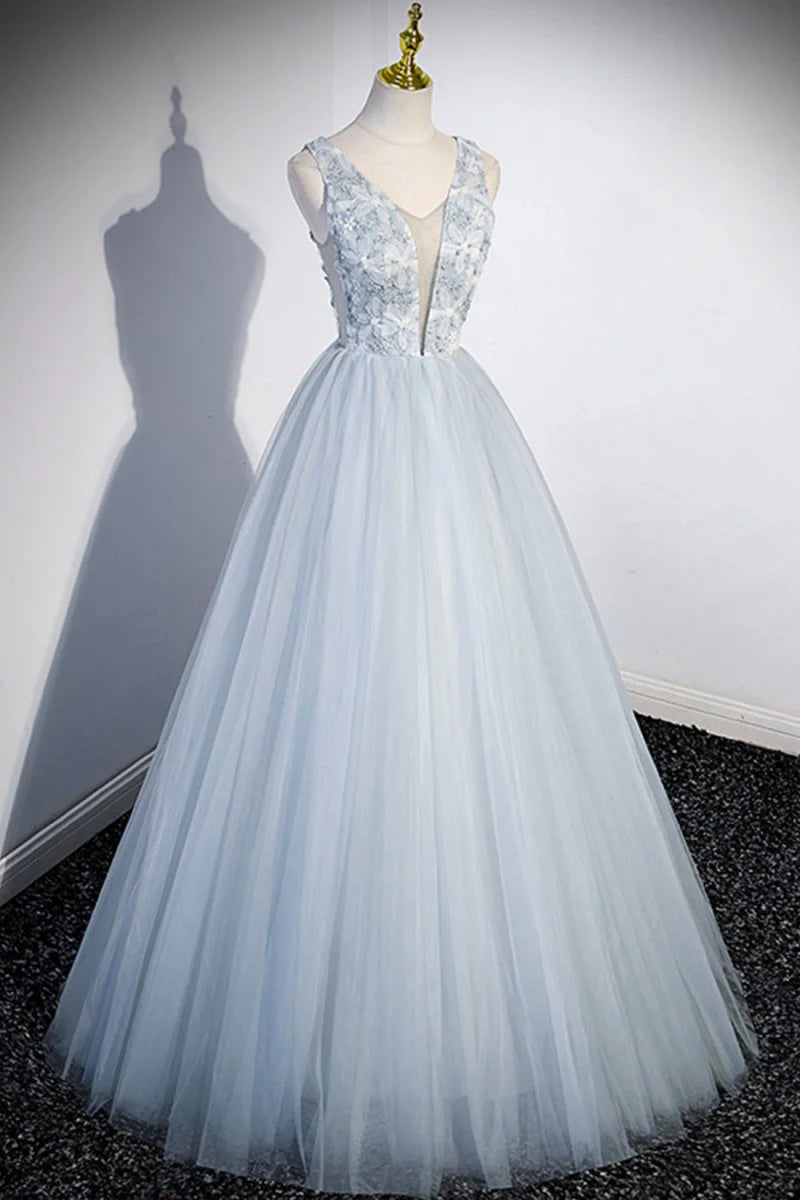 A-Line V-Neck Applique Tulle Gray Long Prom Dress Evening Dress
