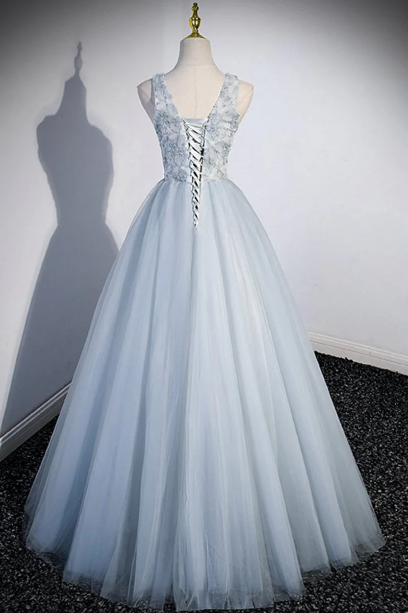 A-Line V-Neck Applique Tulle Gray Long Prom Dress Evening Dress
