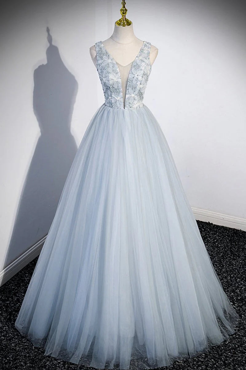 A-Line V-Neck Applique Tulle Gray Long Prom Dress Evening Dress