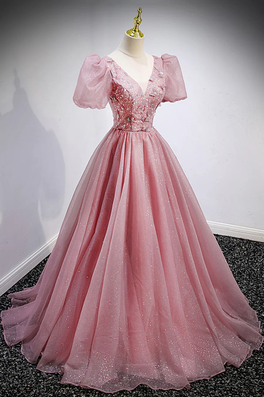 A-Line V-Neck Beaded Applique Tulle Pink Long Prom Dresses Evening Dresses